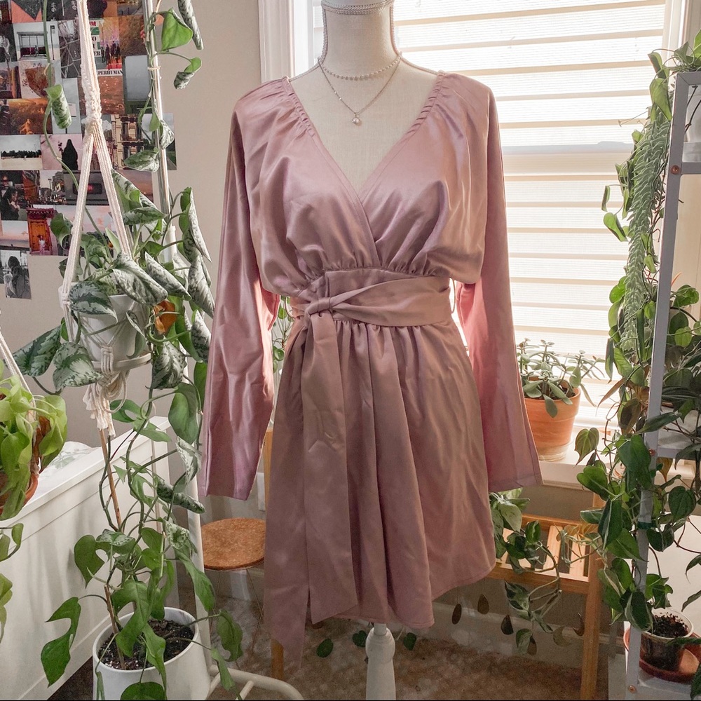 PLT - Mauve Satin Off-Shoulder Dress